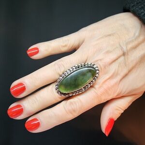 Oversized Green Stone Set in Sterling Silver Ring